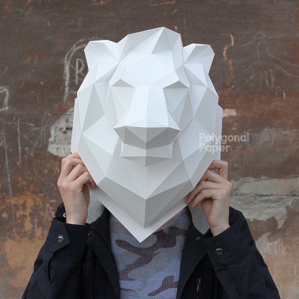 Lion Head: Digital Files for Papercraft. Printable PDF Template, DXF Drawings for Silhouette. 3d Origami Low Poly Model DIY.