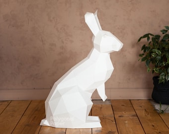 Rabbit M: Digital Files for Papercraft. Printable PDF Template, DXF Drawings for Silhouette. DIY 3d Sculpture of Bunny Low Poly Model.