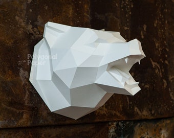 Bären Kopf: DIY Papercraft Wandskulptur. Druckbare PDF Vorlage, Zeichnungen für Schneidemaschine.