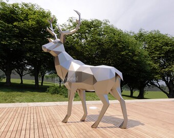 Stag in DXF Format for Assembly from Sheet Metal. Template for Geometric Polygonal Metal Park Sculpture of a Deer. 3d constructor