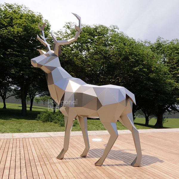 Stag in DXF Format for Assembly from Sheet Metal. Template for Geometric Polygonal Metal Park Sculpture of a Deer. 3d constructor