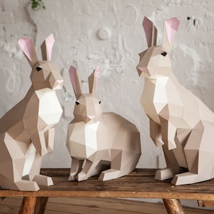 Lapins : Fichiers numériques pour Papercraft. Modèle PDF imprimable, dessins DXF pour Silhouette. Sculpture 3d bricolage du modèle Bunny Low Poly.