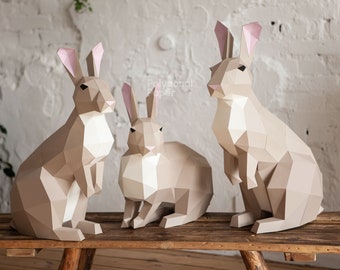 Rabbits: Digital Files for Papercraft. Printable PDF Template, DXF Drawings for Silhouette. DIY 3d Sculpture of Bunny Low Poly Model.