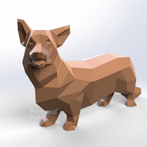 May include: A brown polygonal paper sculpture of a Corgi dog. The sculpture is made of many flat, angular surfaces, giving it a geometric appearance. The dog is standing on all fours with its ears perked up.