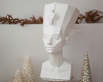 Nefertiti-buste: digitale bestanden voor Papercraft. Afdrukbare pdf-sjabloon, SVG-tekeningen voor plotter. 3D-origami laag polymodel DIY.