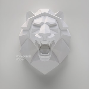 Roaring Lion Head: Paper Craft Template for Making Low Poly Trophy Wall Decor DIY. 3D puzzle PDF pattern