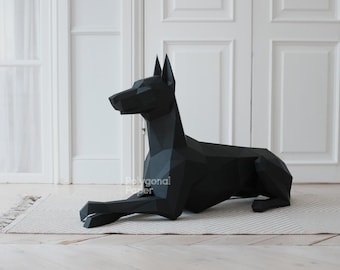 Lying Doberman: DIY Papercraft Sculpture. Printable PDF Template, SVG Drawings for Cutting Machine.