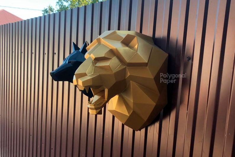 Roaring Lion Head in DXF Format for Assembly from Sheet Metal. Template for Geometric Polygonal Metal Interior Wall Decor. 3d constructor image 9