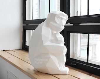 Hugging Japanese Monkeys: DIY Papercraft Sculpture. PDF Template, Drawings for Cutting Machine