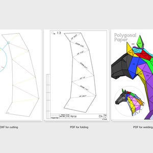 K&ouml;nnte beinhalten: Drei digitale Designbl&auml;tter f&uuml;r eine polygonale Pferdeskulptur. Das erste zeigt ein DXF-Schnittmuster, das zweite eine PDF-Faltvorlage mit nummerierten Linien und das dritte eine farbenfrohe 3D-Darstellung mit der Aufschrift Polygonal Paper.