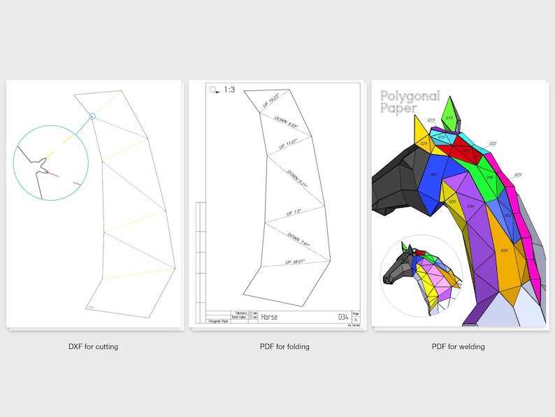 K&ouml;nnte beinhalten: Drei digitale Designbl&auml;tter f&uuml;r eine polygonale Pferdeskulptur. Das erste zeigt ein DXF-Schnittmuster, das zweite eine PDF-Faltvorlage mit nummerierten Linien und das dritte eine farbenfrohe 3D-Darstellung mit der Aufschrift Polygonal Paper.