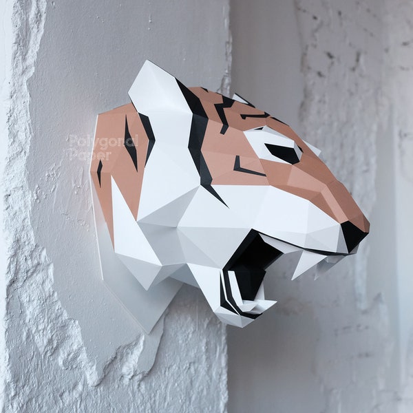 Tiger Head : Fichiers numériques pour Papercraft. Modèle PDF imprimable, dessins DXF pour Silhouette. Modèle 3D Origami Low Poly DIY.