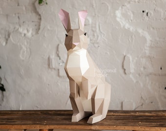 Rabbit L: Digital Files for Papercraft. Printable PDF Template, DXF Drawings for Silhouette. DIY 3d Sculpture of Bunny Low Poly Model.