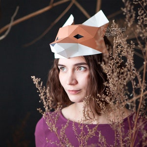 Maschera di volpe: file digitali per la carta. Modello PDF stampabile, disegni DXF per Silhouette. Modello fai da te in origami 3D Low Poly.