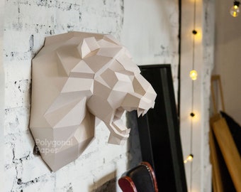 Roaring Lion Head: Digital Files for Papercraft. Printable PDF Template, DXF Drawings for Silhouette. 3d Origami Low Poly Model DIY.