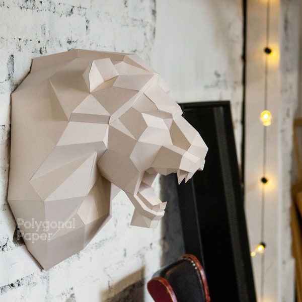 Tête de lion rugissant : fichiers numériques pour créations en papier. Modèle PDF imprimable, dessins DXF pour Silhouette. Modèle 3D en origami low poly DIY.