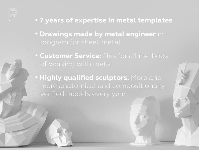 K&ouml;nnte beinhalten: Vier wei&szlig;e geometrische Skulpturen, darunter eine B&uuml;ste, ein Sch&auml;del und zwei Kopfmodelle. Der Text lautet: 7 years of expertise in metal templates, Drawings made by metal engineer in program for sheet metal, Customer Service, Highly qualified sculptors.