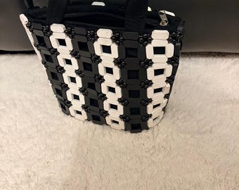 Handmade Beaded Tote Bag – Black & White Boho Purse