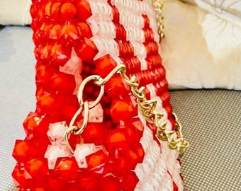 Handmade Red and White Beaded Handbag with Metal Handle