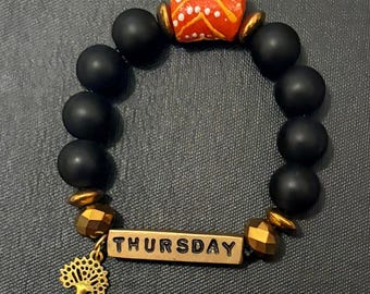 Black Beaded Bracelet with "Thursday" Charm and Tree Pendant – Handmade Jewelry