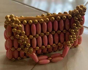 Handmade Beaded Coin Purse Clutch-Pink & Gold Bead Zipper Pouch