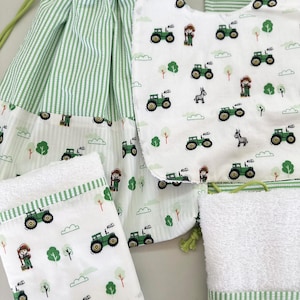 Customizable Green Farm Nursery Set – Backpack, Towels, Bib – Handmade