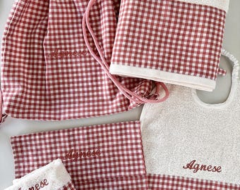 Personalized Daycare Set in Antique Pink Vichy | Embroidered Cotton Daycare Set | Bag, Bib, Towel, and Placemat
