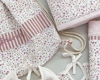 Set asilo personalizzato bimba fiorellini liberty rosa | corredino asilo con nome |