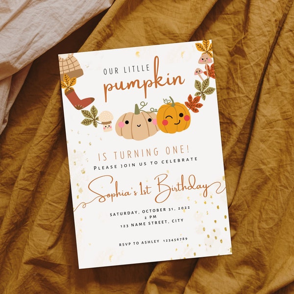 Editable OUR LITTLE PUMPKIN is Turning One Birthday Invitation, Pumpkin First Birthday Invitation, Cute Fall 1st Bday Invite for Kids