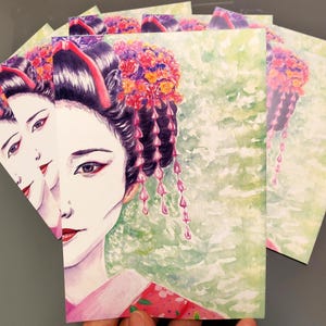 Postkarte Kunstdruck DINA6 / Geisha vor grünem Hintergrund