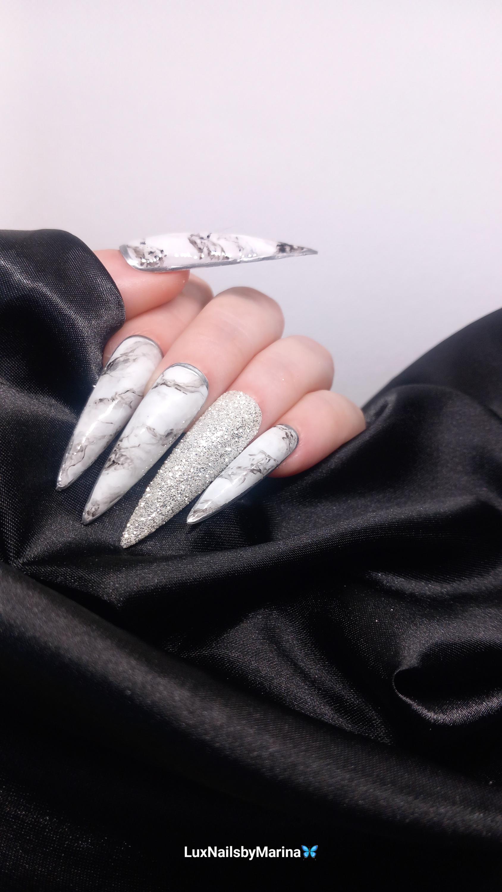 black and white marble XL stiletto shape press on nail kit with glitter details and 3D embellishments