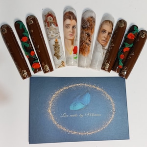 Custom handpainted Beauty and the Beast nails choose your length, shape and characters
