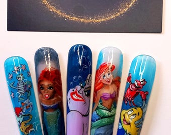 Custom handpainted Little mermaid nails choose your length, shape nd characters