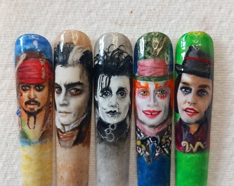 Johnny Depp handpainted portrait nails choose your length, shape and characters