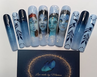 Custom hand painted Avatar nails, choose your length, shape and characters