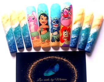 Custom handpainted lilo and stitch nails choose your length, shape and characters