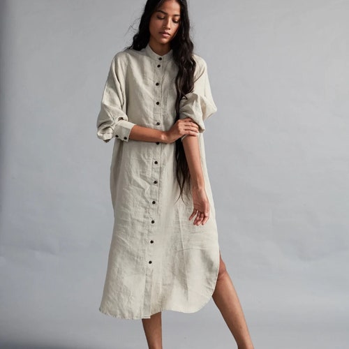 Linen Shirt Dress Oversized Long-sleeved With Cuffs Chinese - Etsy