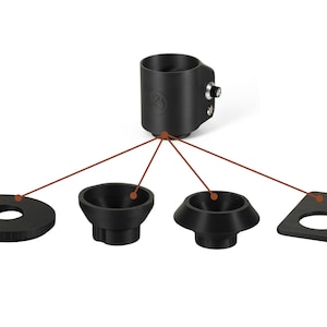 May include: A black metal clamp with a circular body and a screw, connected by lines to four black mounting components of different shapes: a washer, two funnels, and a square plate.