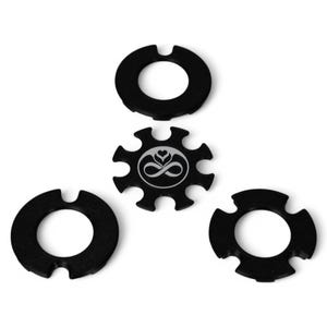 May include: Three black plastic rings with a single ring featuring a silver infinity symbol with a heart inside. The rings are designed to be used as a bottle stopper.