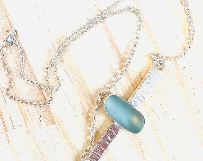 Northumberland Blue Grey Sea Glass Bar Necklace