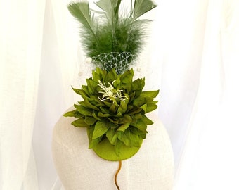 Green Flower Wedding Fascinator: Handmade Feather Birdcage Headpiece