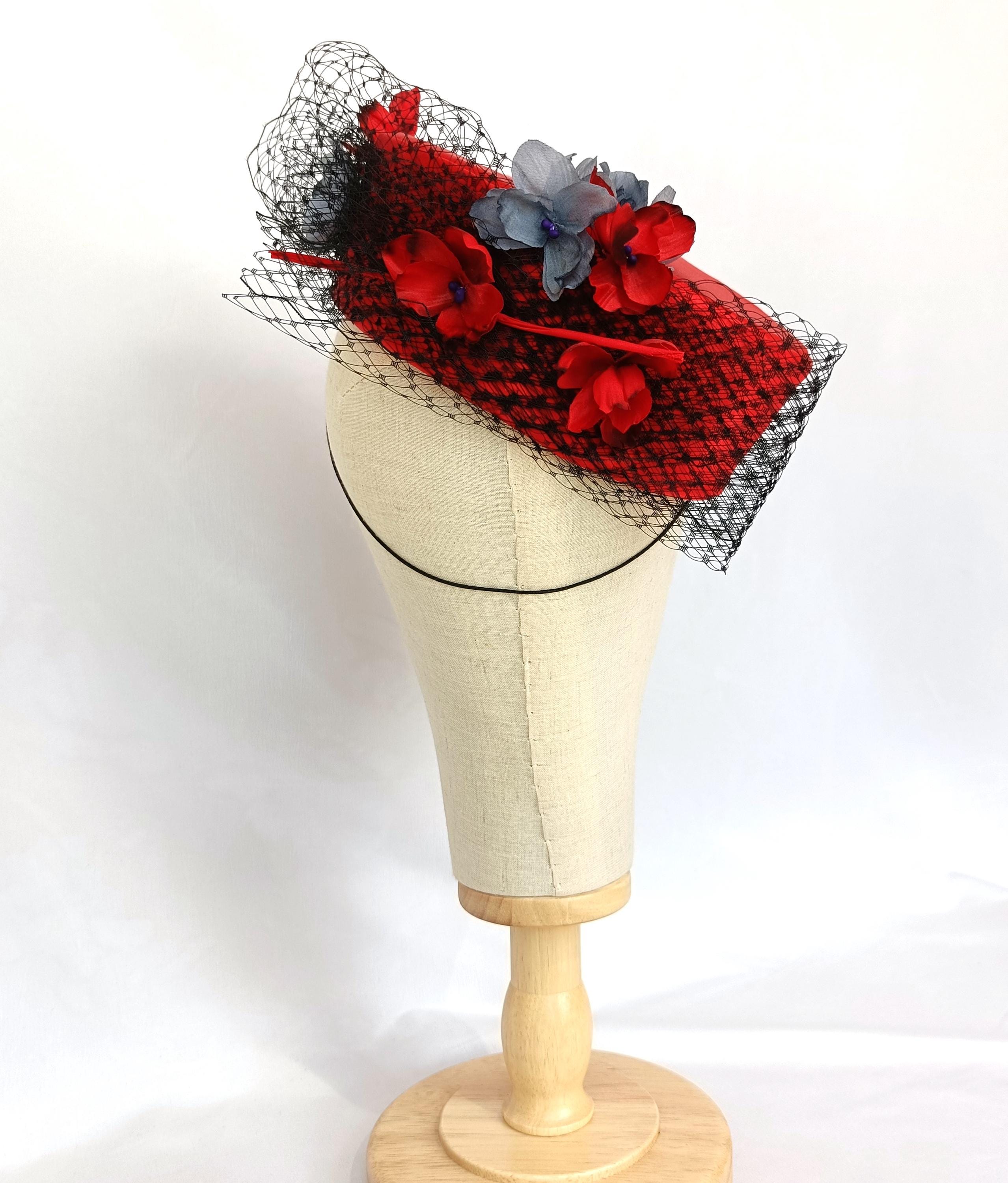 Red Silk Pillbox Fascinator: Handmade Veil Cocktail Hat - Etsy display picture 2