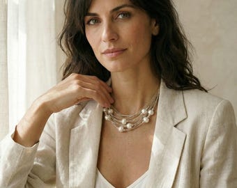 Warstwowy naszyjnik z lnianych pereł, biżuteria ślubna z włókien naturalnych