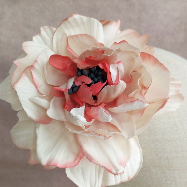 Romantic ivory and red flower headpiece for wedding, Elegant fabric flower for hair, Ivory silk flower Fascinator for guest.