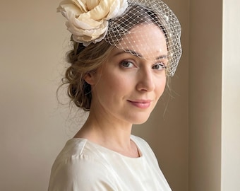Ivory Peony Fascinator With Veil, Wedding Guest Headpiece, Cream Flower Hat.