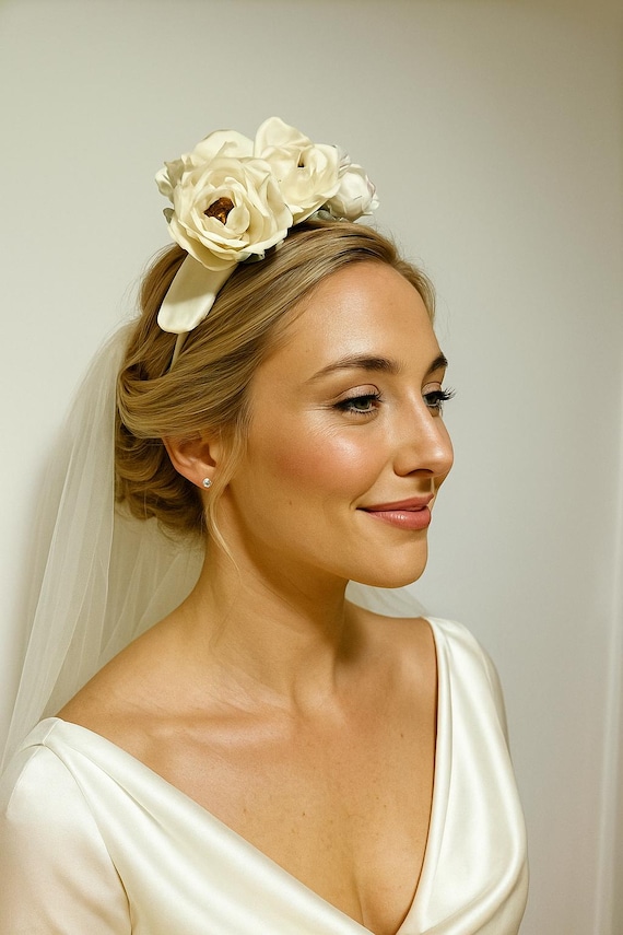 Ivory Silk Bridal Crown: Handmade Pink Rose Wedding  display picture 1