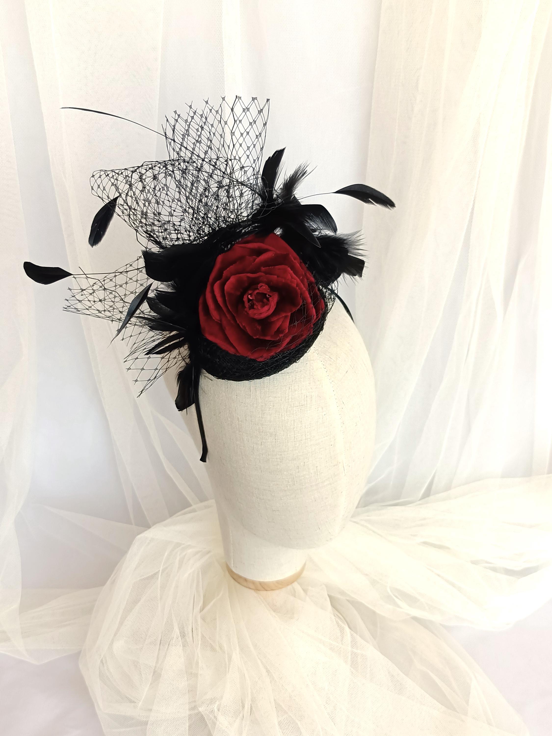 Black and Rose Felt Fascinator Black Pillbox Fascinator: Red Rose & Netting Derby Hat - Etsy main image 2