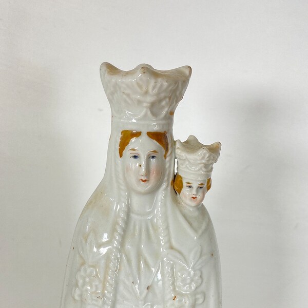 Antique statue religieuse Vierge à l'enfant, vierge marie, notre dame de bon-secours / Français / 1900 / porcelaine