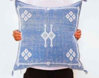 Blue Moroccan Silk Pillow: Handwoven Berber Cushion (20x20)