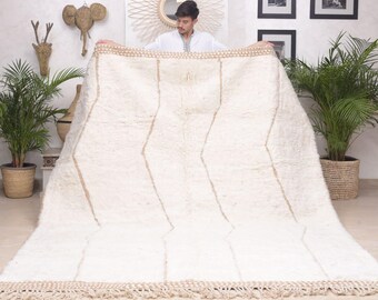 Handwoven Beni Ourain Rug: Moroccan White Wool Rug with Camel Accents